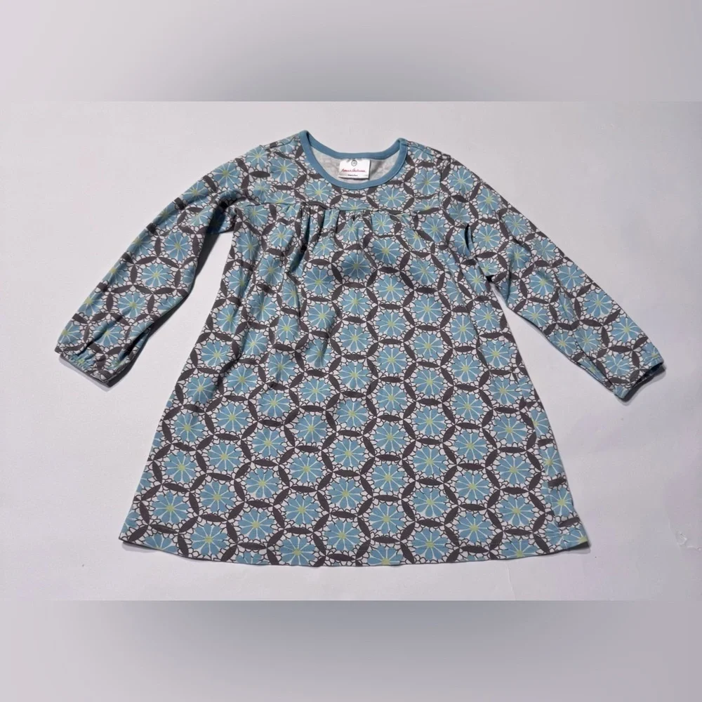 Hanna Andersson White Blue Floral Print Long Sleeve Dress Girls Size 110